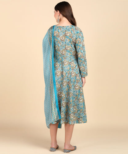 Women's Anarkali Cotton Printed Kurti With Dupatta Set