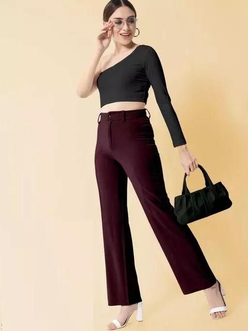 Elegant Maroon Lycra Solid Trousers For Women's