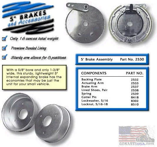 2530 5" Drum Brake Assembly, Go Kart, Mini Bike, Aluminum, 5/8" Bore