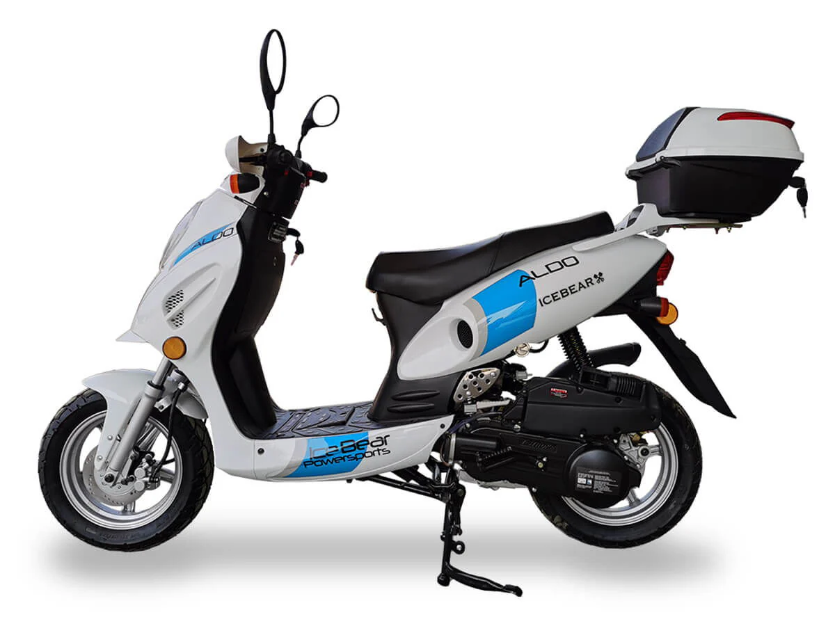 Aldo 150cc Street Scooter, Automatic, Front Disc Brake, 12 inch Aluminum Wheels, LED Headlight, Trunk Included