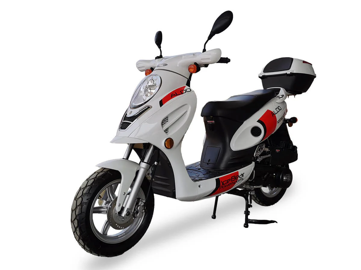 Aldo 150cc Street Scooter, Automatic, Front Disc Brake, 12 inch Aluminum Wheels, LED Headlight, Trunk Included