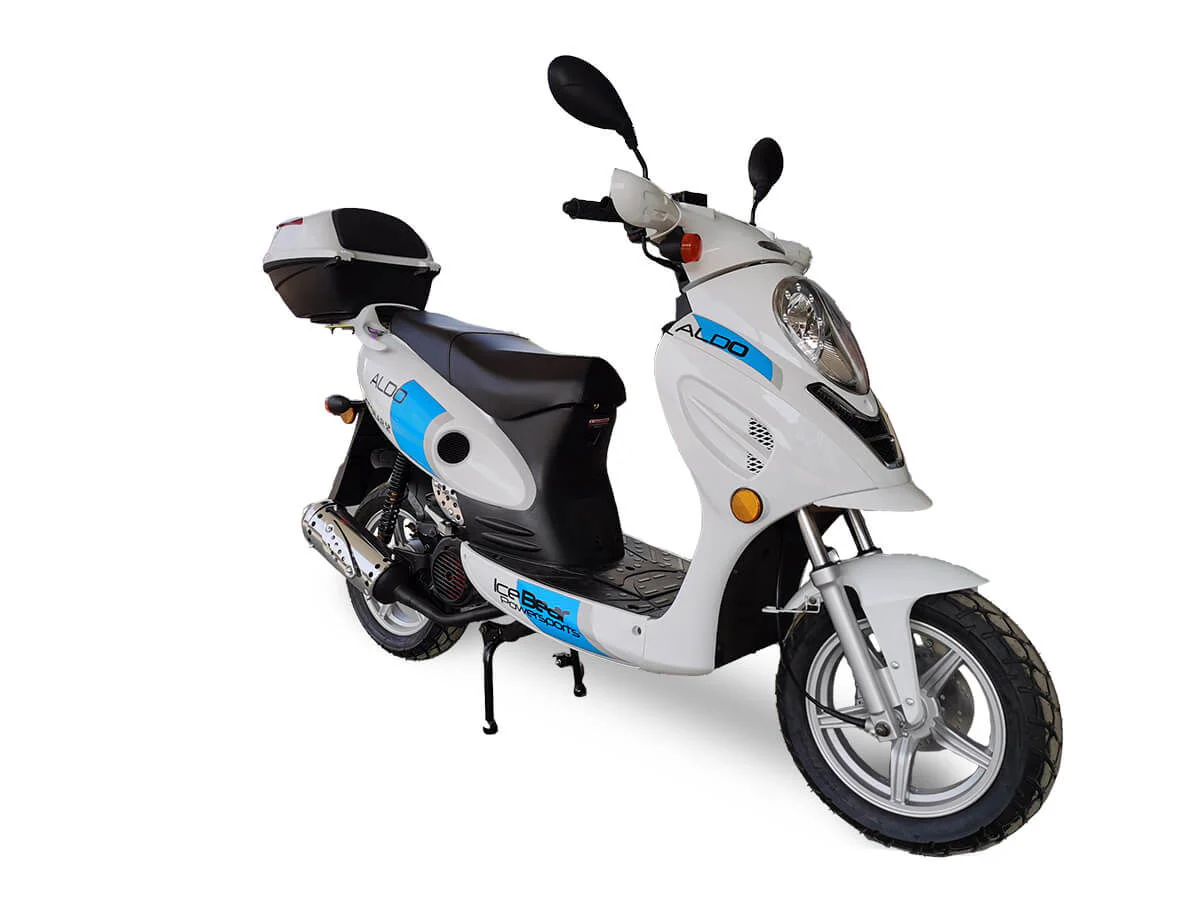 Aldo 150cc Street Scooter, Automatic, Front Disc Brake, 12 inch Aluminum Wheels, LED Headlight, Trunk Included