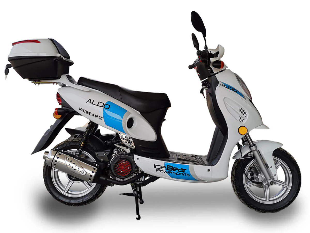 Aldo 150cc Street Scooter, Automatic, Front Disc Brake, 12 inch Aluminum Wheels, LED Headlight, Trunk Included
