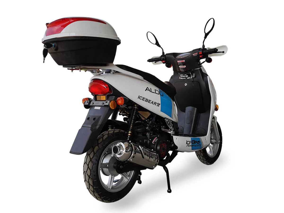 Aldo 150cc Street Scooter, Automatic, Front Disc Brake, 12 inch Aluminum Wheels, LED Headlight, Trunk Included