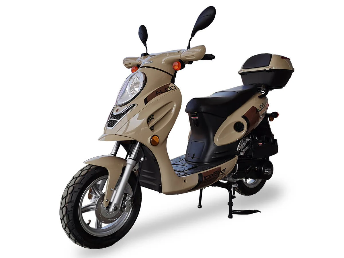 Aldo 150cc Street Scooter, Automatic, Front Disc Brake, 12 inch Aluminum Wheels, LED Headlight, Trunk Included
