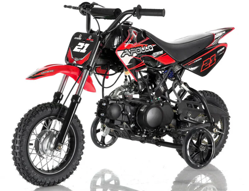 Apollo DB25 70cc Kids Dirt Bike, Automatic, Electric Start, 10/10 inch Wheels, Training Wheels Included, Ages 6 and up